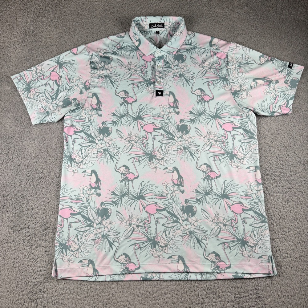 Bad Birdie Polo Shirt Mens XL Green All over Print Golf Performance Flamingo